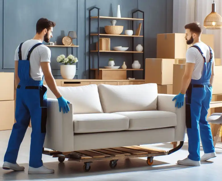 Vancouver furniture movers wrapping a couch with blankets for safe delivery, ensuring protection during the move.