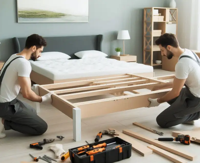 Two professional movers reassembling a bed frame in a modern bedroom, using tools and showcasing expertise in furniture assembly during delivery services.